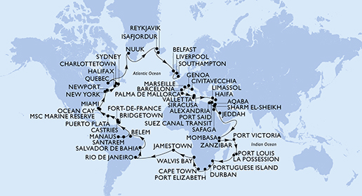 msc poesia world cruise 2024 map